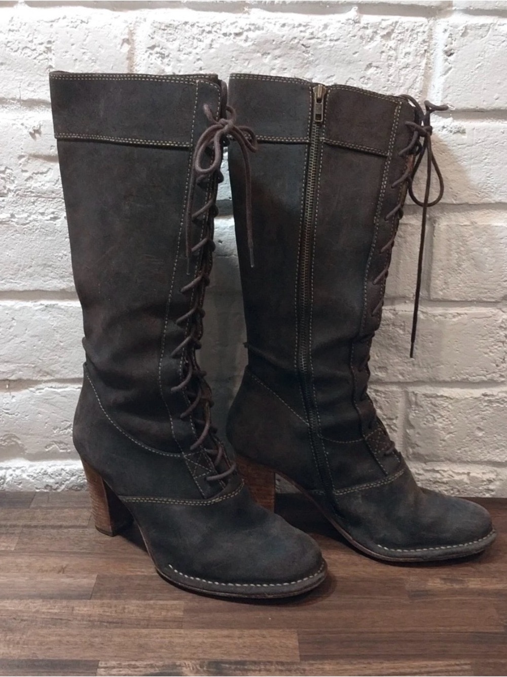 Frye Parker Tall Lace Up Leather Boots 6.5M Brown Side Zip 3.5" Heel HTF